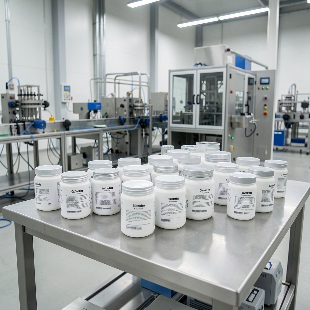 Quality-control bench with batch-coded mineral formula containers under controlled lighting, Warsaw facility