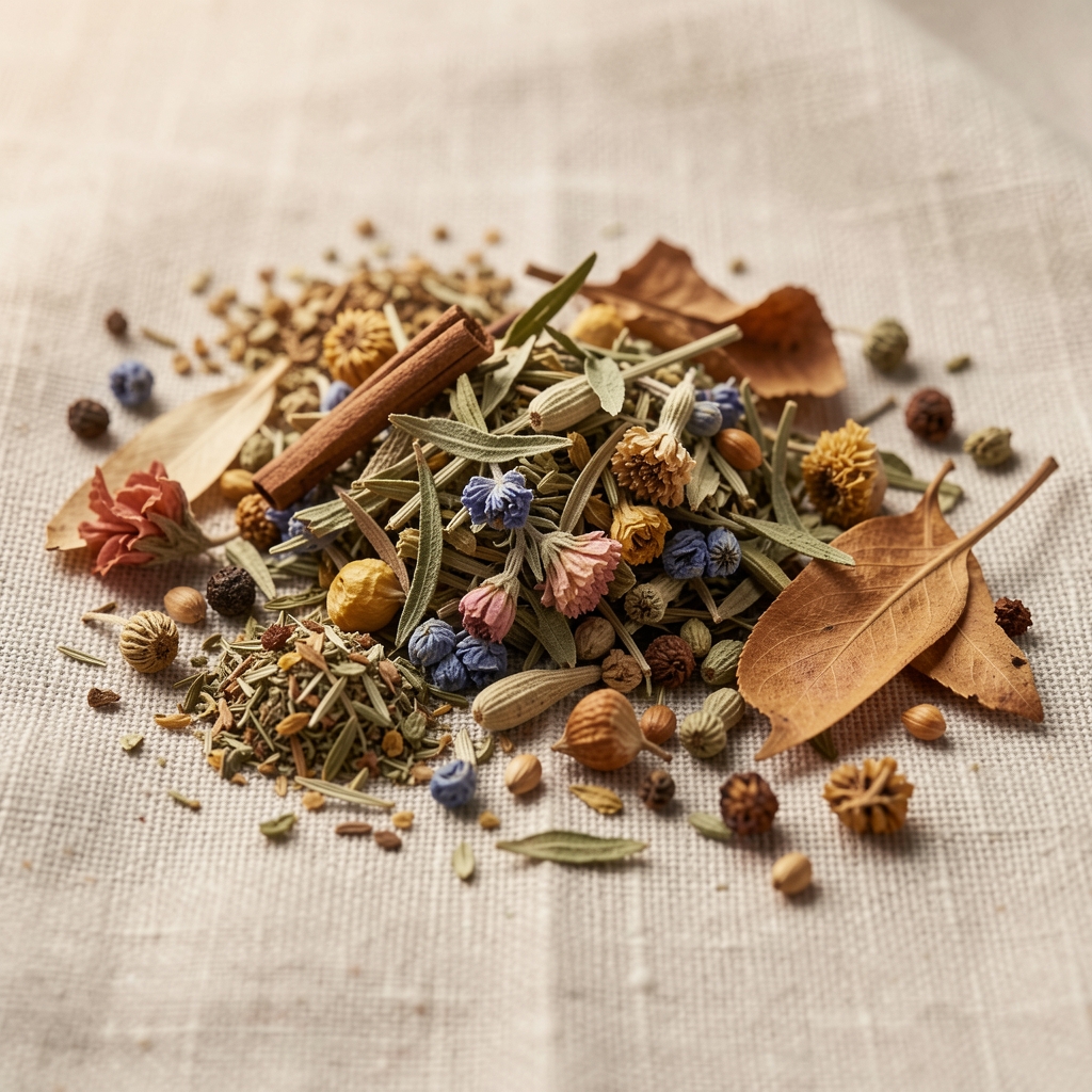 Botanical macro photograph of dried herbs and natural plant materials on a linen surface under studio lighting
