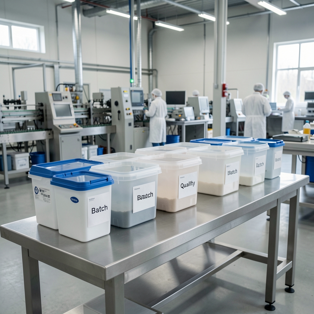 Quality-control bench with labeled batch containers in a clean workspace, production facility