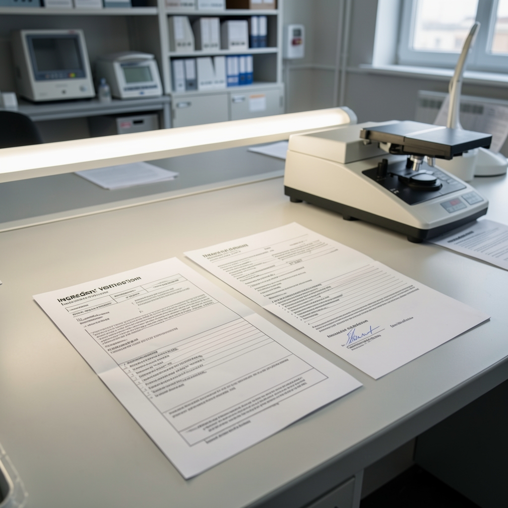 Ingredient verification documents laid on a work surface under controlled lighting, Warsaw archive
