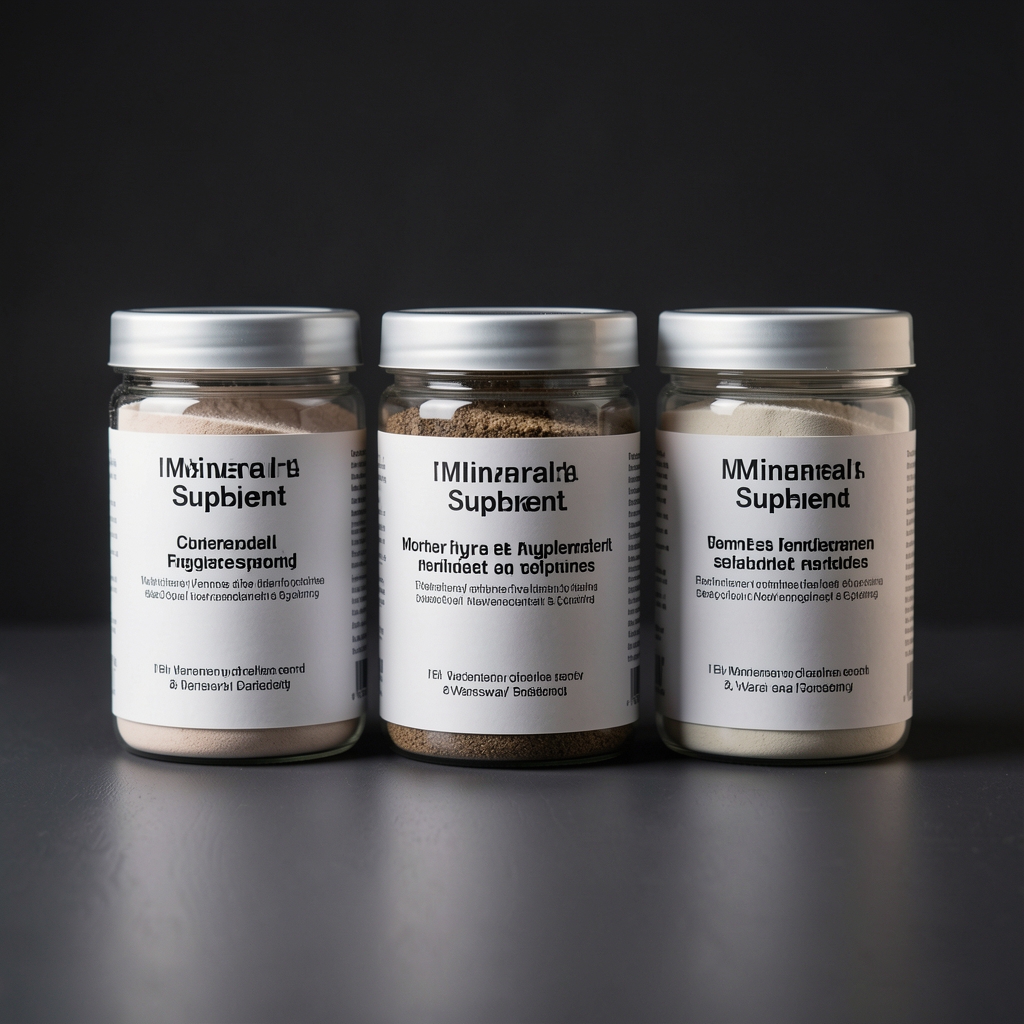 Three mineral supplement composition containers with individual ingredient labels arranged on a dark surface under studio lighting, Warsaw facility