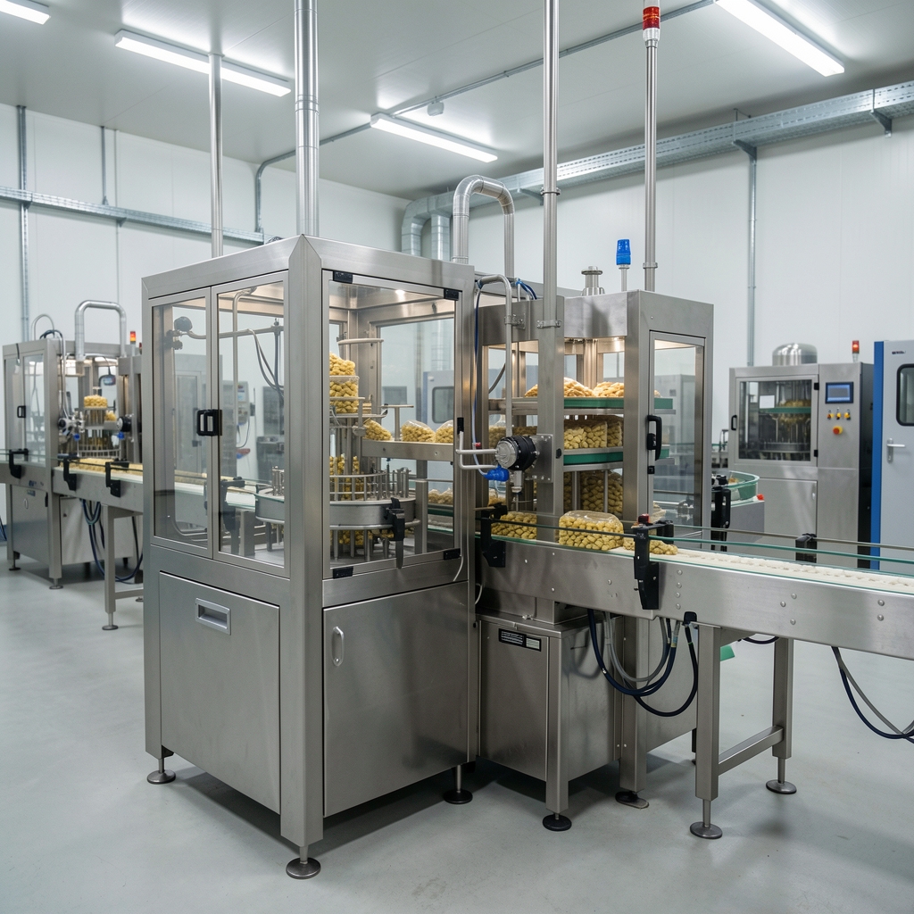 Mineral capsule supplement filling station in a food-grade processing facility under bright controlled lighting