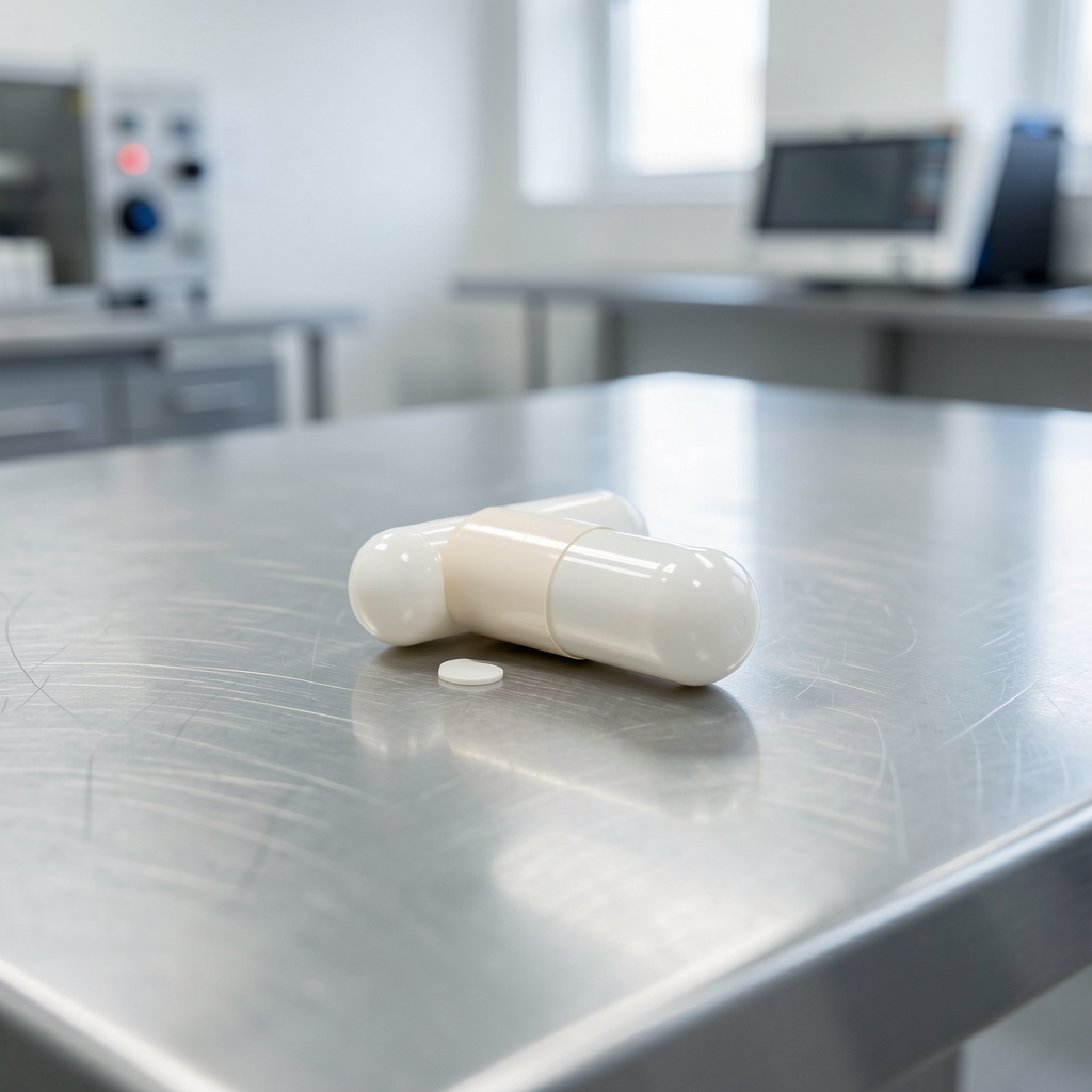 Close-up of capsule shell quality assessment on a stainless work surface in a clean workspace
