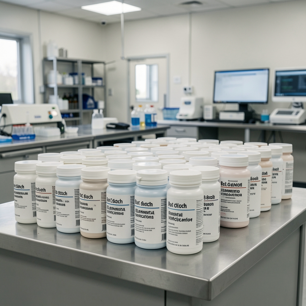 Batch-coded supplement containers arranged in rows ready for elemental verification sampling in a quality-control environment