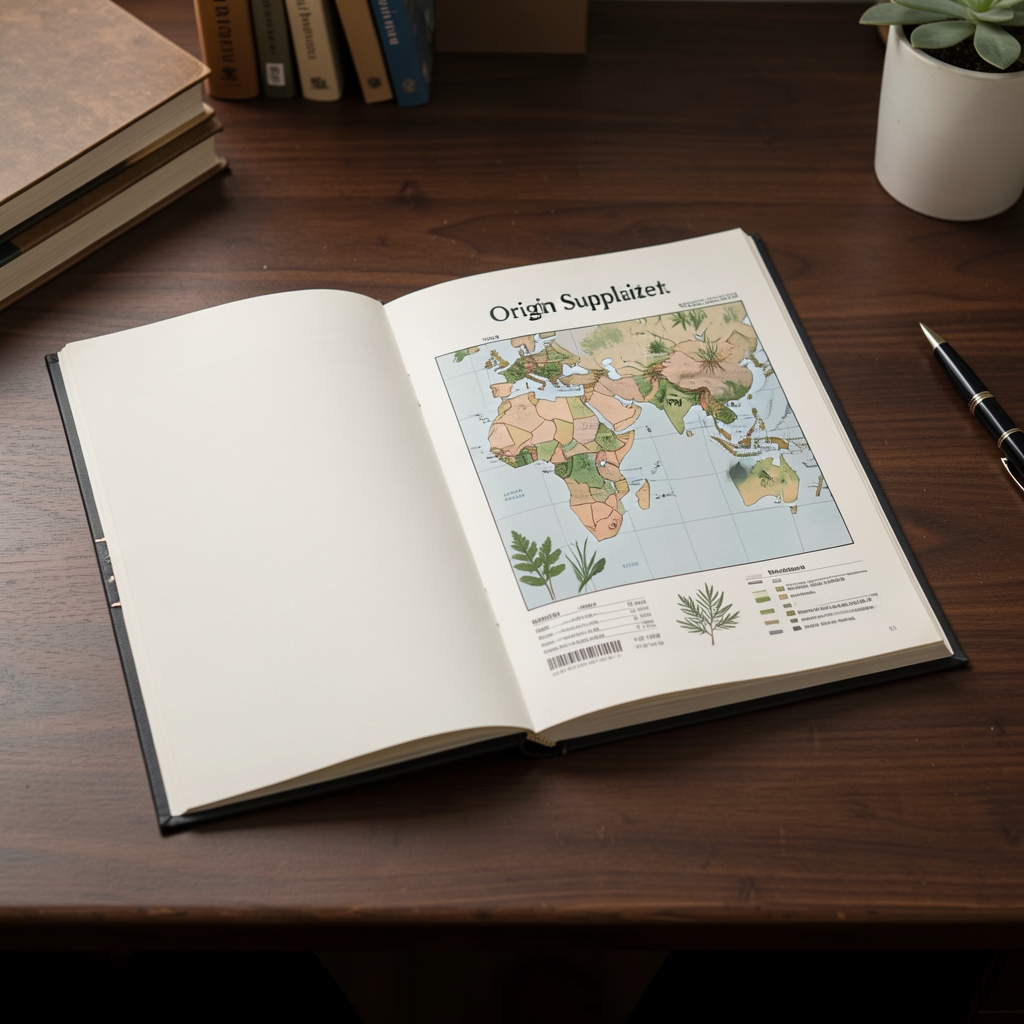 Sourcing documentation folder open to a botanical supplier origin map on a dark wooden desk