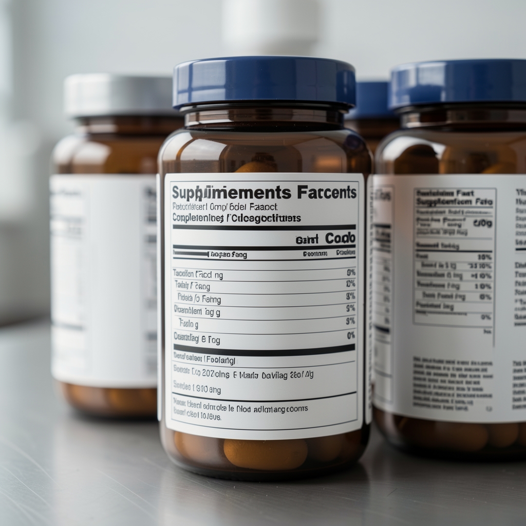 Close-up of batch coding labels on supplement composition containers in a clean food-grade workspace